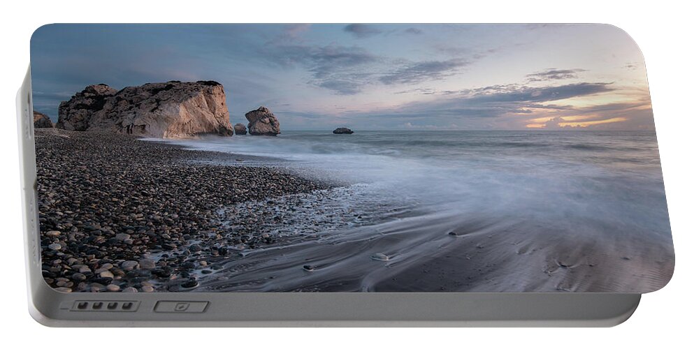 Seascape Portable Battery Charger featuring the photograph Seascape with windy waves and moody sky during sunset #3 by Michalakis Ppalis