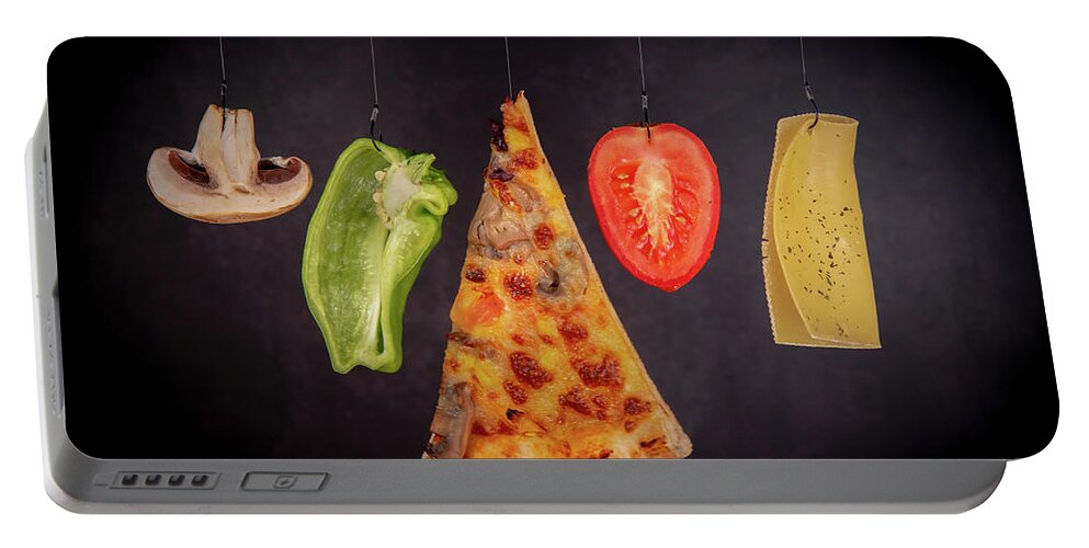 Pizza Portable Battery Charger featuring the photograph Slice of mozzarella pizza tomato cheese peeper and mushroom ingredients #1 by Michalakis Ppalis
