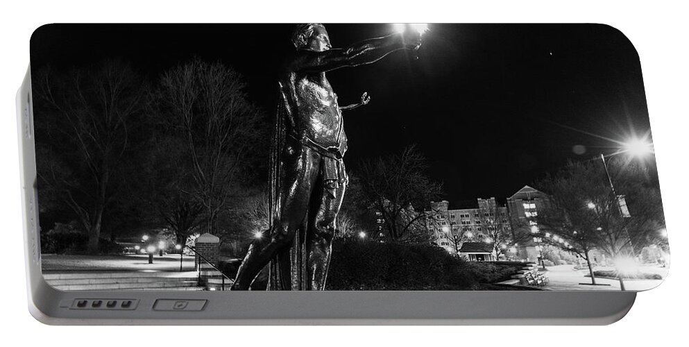 University Of Tennessee At Night Portable Battery Charger featuring the photograph Torchbearer statue at the University of Tennessee at night in black and white #2 by Eldon McGraw