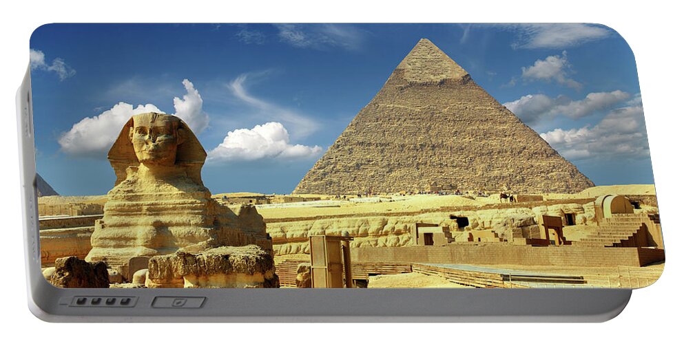 Sphinx Portable Battery Charger featuring the photograph egypt Cheops pyramid and sphinx #3 by Mikhail Kokhanchikov