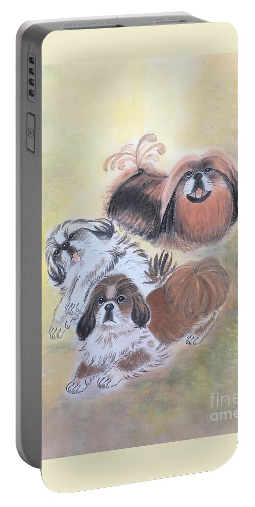 Pekes Portable Battery Charger featuring the painting Three Pekes in a Pod - 3 by Carmen Lam
