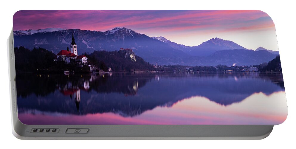 Bled Portable Battery Charger featuring the photograph Sunrise at Lake Bled #4 by Ian Middleton