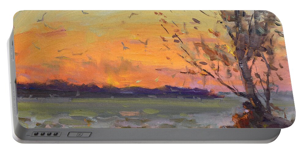 Sunset Portable Battery Charger featuring the painting Sunset by Ylli Haruni