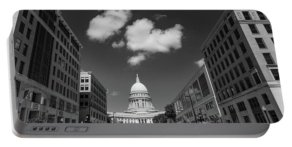 United States Of America Portable Battery Charger featuring the photograph Wisconsin state capitol building in Madison Wisconsin in black and white #4 by Eldon McGraw
