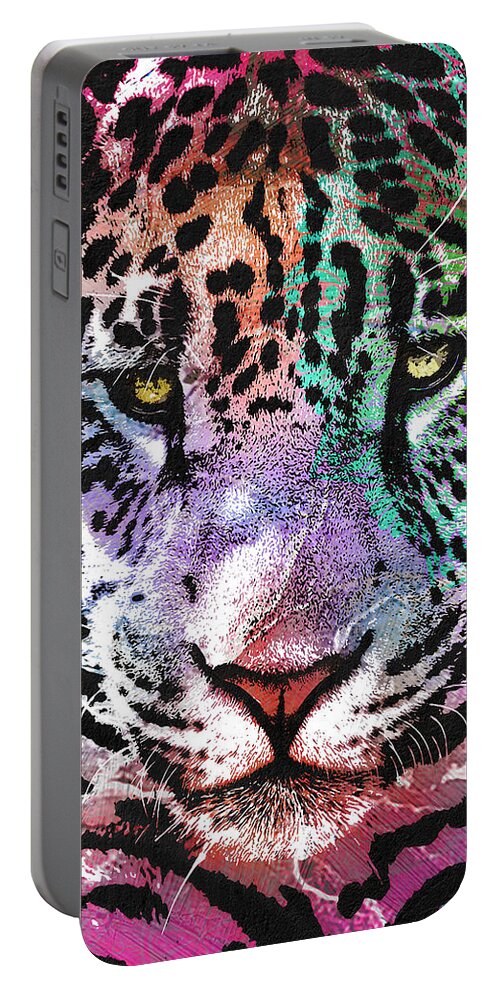 Felino Portable Battery Charger featuring the mixed media Rainbow Leopard by J U A N - O A X A C A