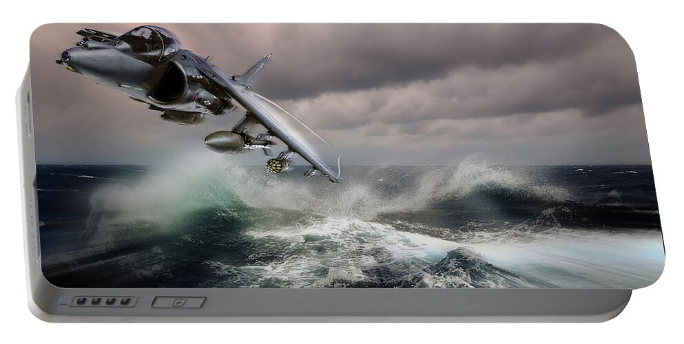 Harrier Portable Battery Charger featuring the digital art British Aerospace Harrier II GR9 Low Pass by Custom Aviation Art