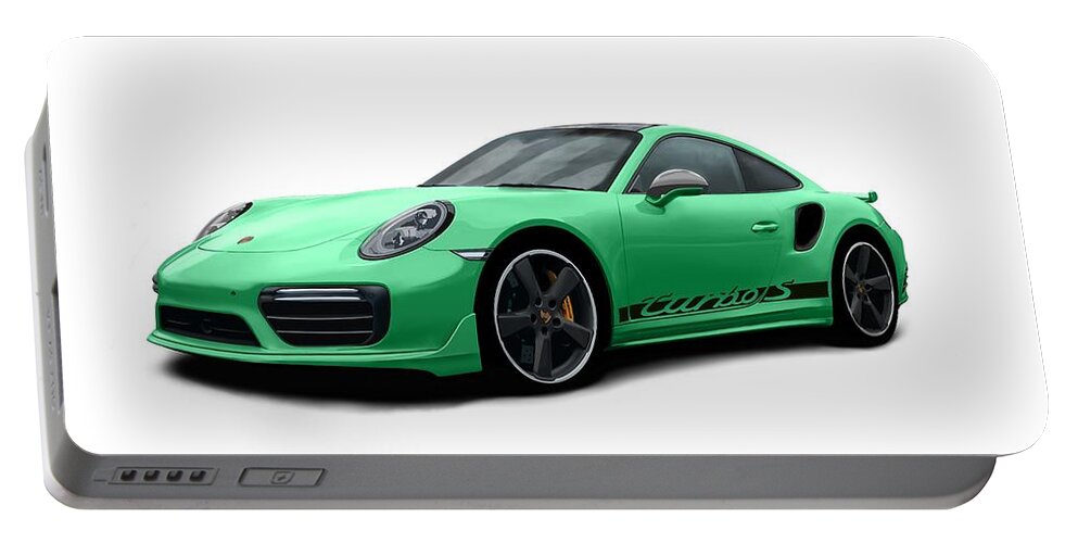 Sports Car Portable Battery Charger featuring the digital art 911 Turbo S Green by Moospeed Art