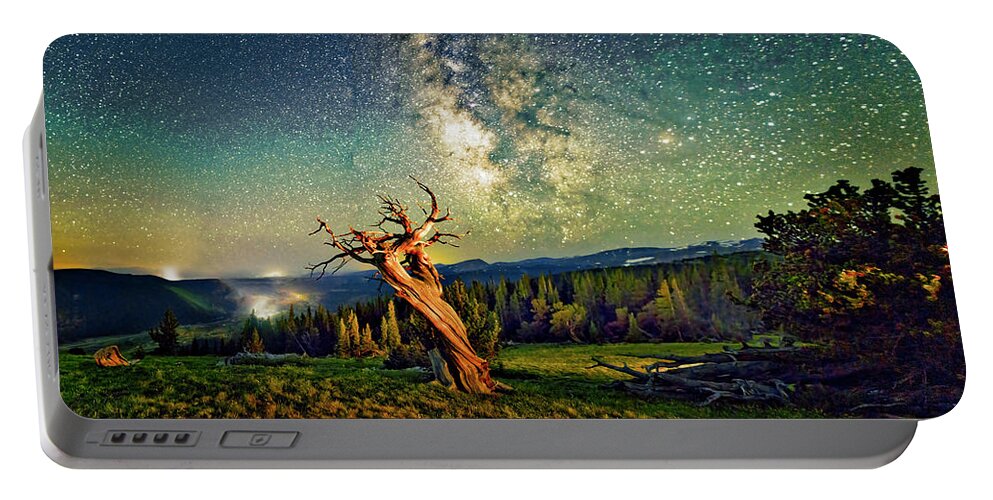 Colorado Portable Battery Charger featuring the photograph A Bristlecone Tree Against a Starry Sky. by Lena Owens - OLena Art Vibrant Palette Knife and Graphic Design