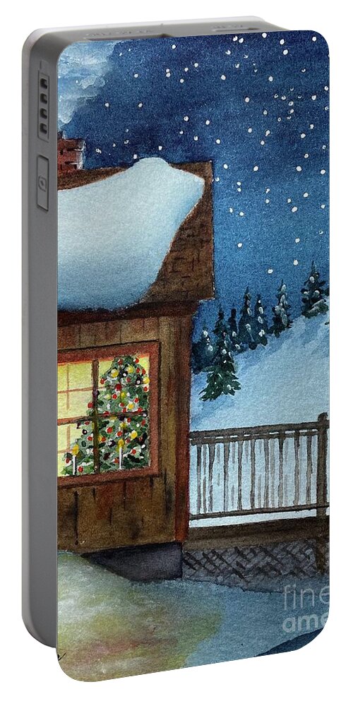 Christmas Portable Battery Charger featuring the painting A Christmas Cabin by Joseph Burger