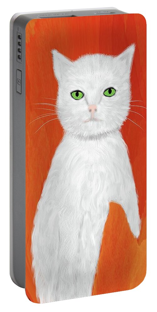 White Cat Prints Portable Battery Charger featuring the digital art A cute little white puss within the abstract by Elaine Hayward