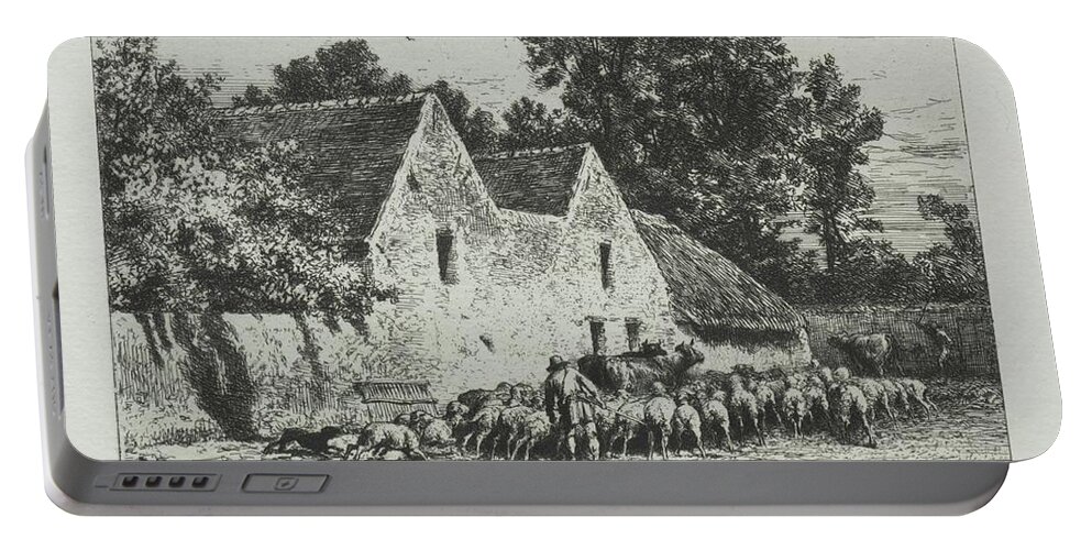 A Farmhouse 1864 Charles Jacque French 1813 To 1894 Portable Battery Charger featuring the painting A Farmhouse 1864 Charles Jacque French 1813 to 1894 by MotionAge Designs