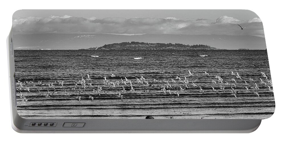 Seascape Portable Battery Charger featuring the photograph A Fling Of Dunlins Black and White by Allan Van Gasbeck