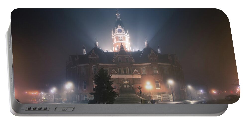 Stratford Portable Battery Charger featuring the photograph A foggy night @ Stratford City Hall by Jay Smith