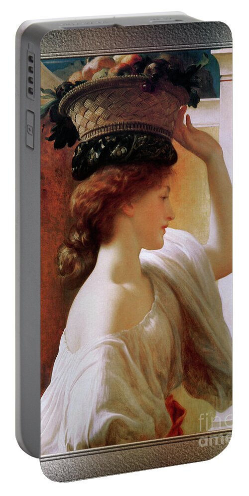 Girl With Basket Of Fruit Portable Battery Charger featuring the painting A Girl With A Basket Of Fruit by Lord Frederic Leighton by Rolando Burbon