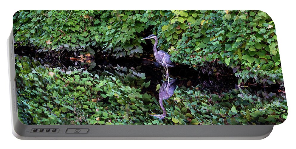 Bronx River Portable Battery Charger featuring the photograph A Great Blue Heron and Its Refection by Kevin Suttlehan