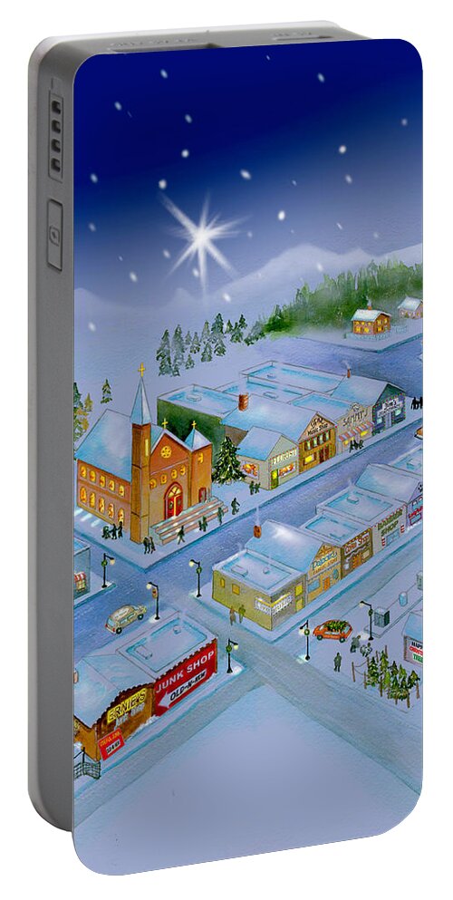 Christmas Portable Battery Charger featuring the painting A Junkman's Christmas Eve by Phyllis London