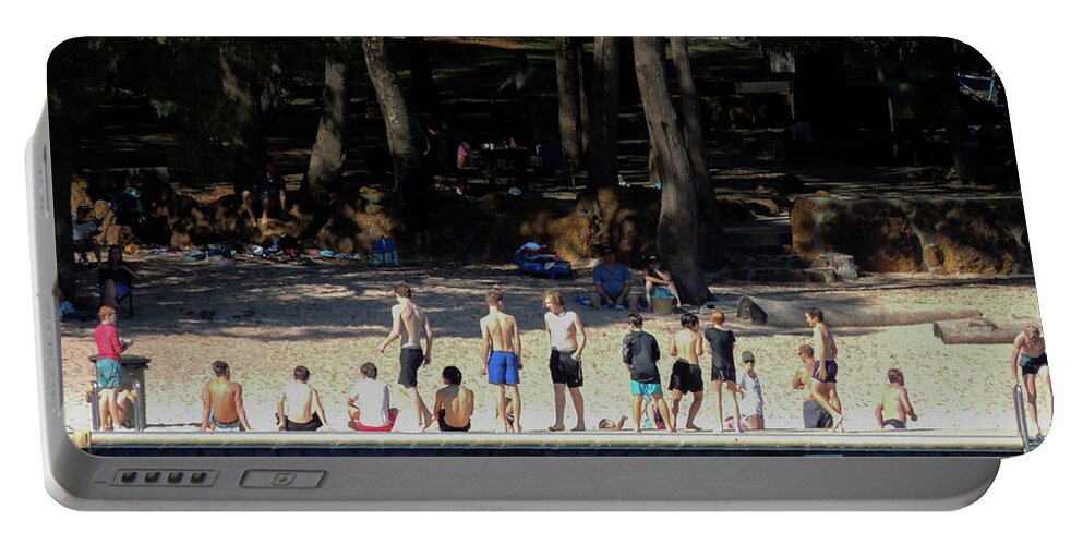  Portable Battery Charger featuring the photograph A line of sun lovers on the banks of Lake Leschenaultia, Western by Jeremy Holton