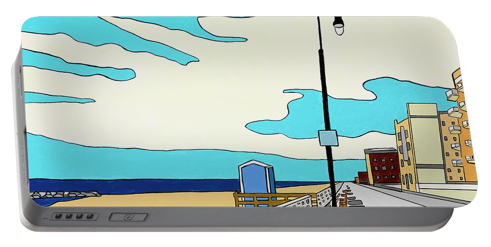 Long Beach Boardwalk Long Island Ocean Sand New York Beach Portable Battery Charger featuring the painting A Long Beach Morning by Mike Stanko