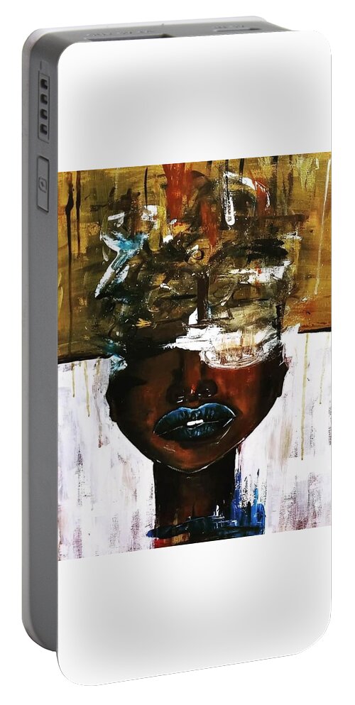 Fun Love Color Black Beauty Love Mind Soul Happy Portable Battery Charger featuring the painting A lot on her mind by Shemika Bussey