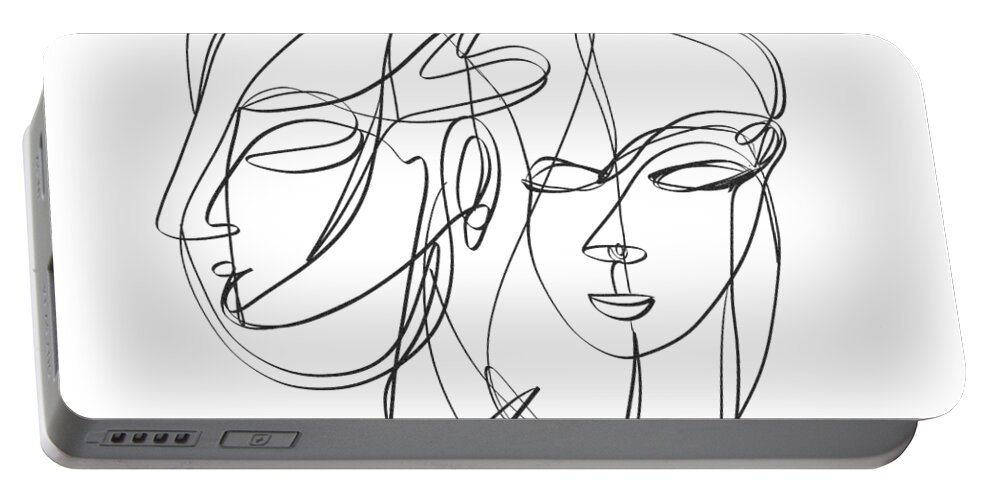 Sketch Portable Battery Charger featuring the digital art A one-line abstract drawing depicting two faces in a symbiotic relationship by OLena Art