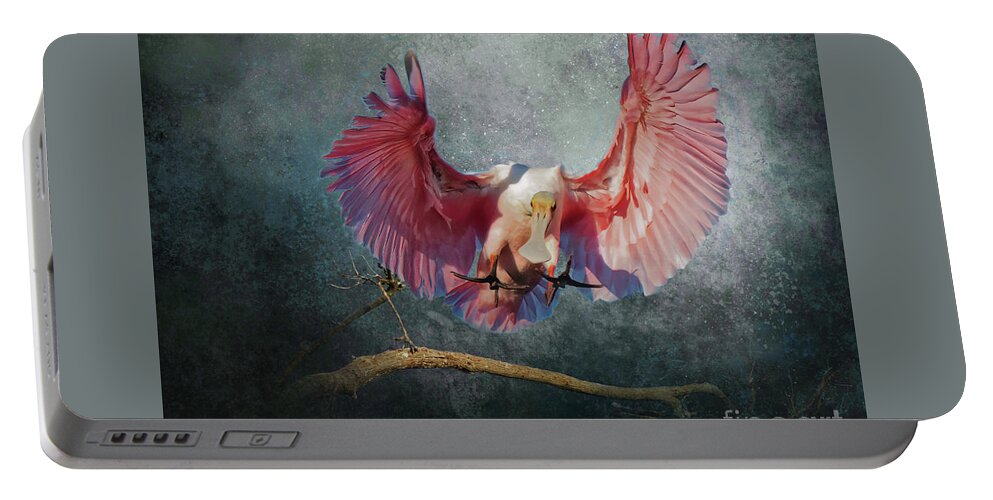 Wildlife Portable Battery Charger featuring the mixed media A Rosy Landing by Marvin Spates