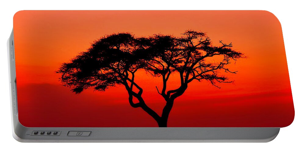Africa Portable Battery Charger featuring the photograph A Solitary Acacia Tree in the African Sunset by Mitchell R Grosky
