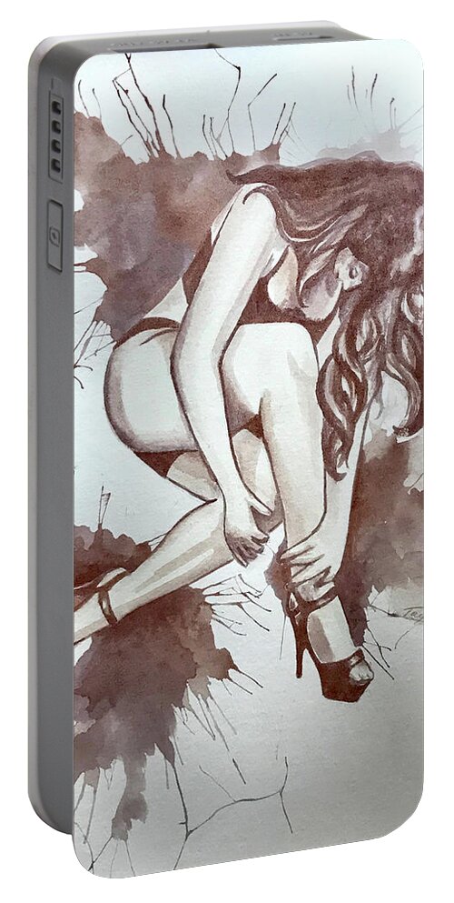 Red Wine Women Figure Lady Contemporary Splash Portable Battery Charger featuring the painting A Splash of Red II by Laura Taylor