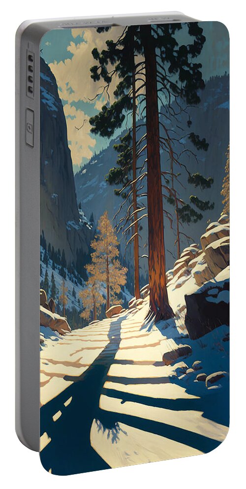 Old Postcard Style Portable Battery Charger featuring the digital art A Trail Through Yosemite - An Old Postcard Style Painting of a Wilderness Landscape by Kai Saarto
