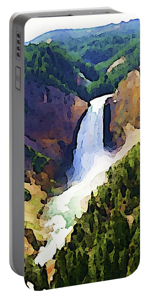 Landscape Portable Battery Charger featuring the mixed media A Waterfall at Yellowstone by Shelli Fitzpatrick