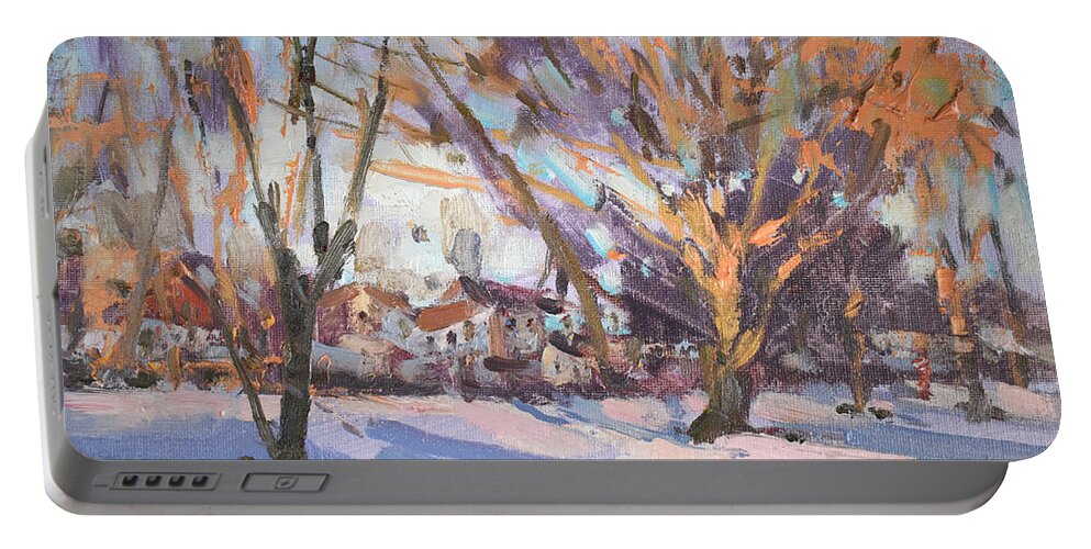 Winter Scene Portable Battery Charger featuring the painting A Winter End of Day by Ylli Haruni