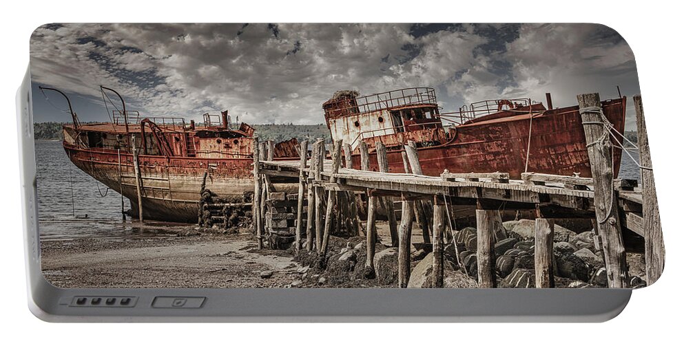 Maine Coast Portable Battery Charger featuring the photograph Abandoned Fishing Trawler 1 by Ron Long Ltd Photography