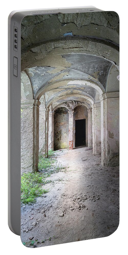 Abandoned Portable Battery Charger featuring the photograph Abandoned Gray Hallway by Roman Robroek