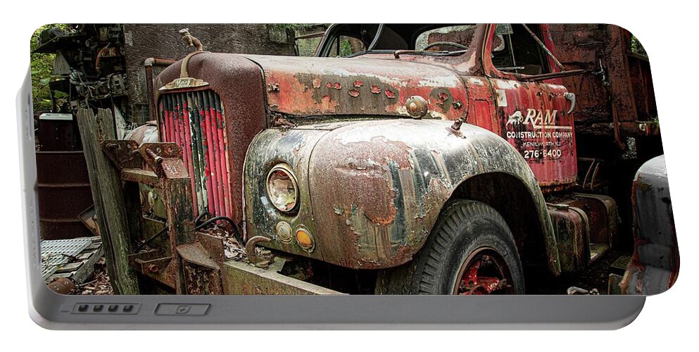 Mack Portable Battery Charger featuring the photograph Abandoned Salvage Yard Mack Truck by Kristia Adams