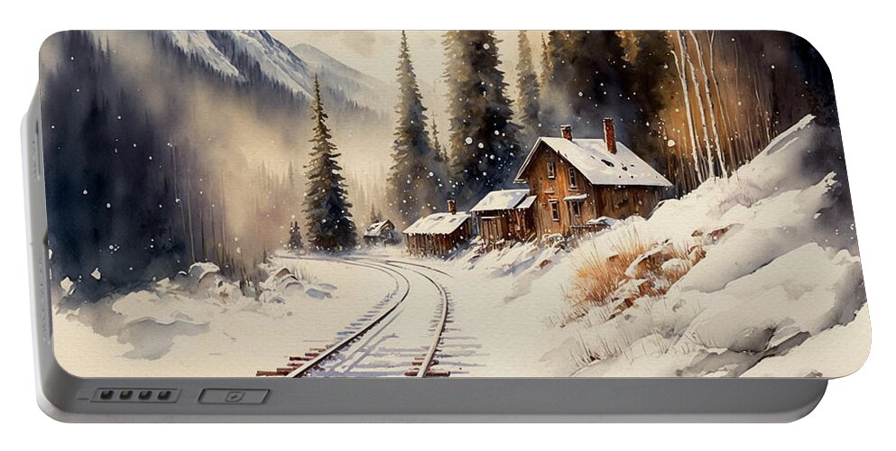 Snow Portable Battery Charger featuring the digital art Abandoned station in the mountains by Kai Saarto