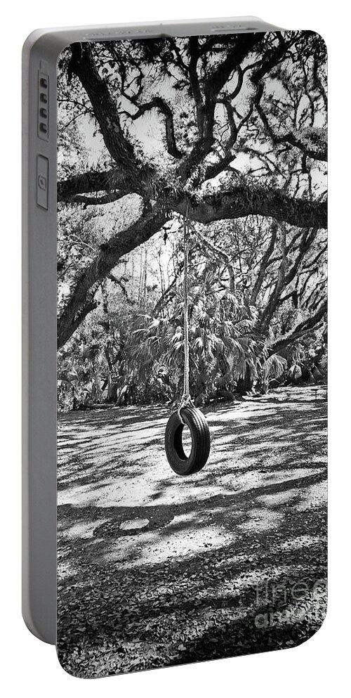 Spanish Moss Portable Battery Charger featuring the photograph Abandoned Tire Swing - BW by Chris Andruskiewicz