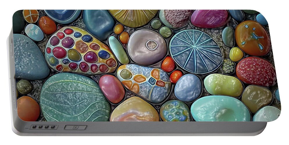 Azure Portable Battery Charger featuring the digital art Beach Pebbles Abstract 1 by Lena Owens - OLena Art Vibrant Palette Knife and Graphic Design