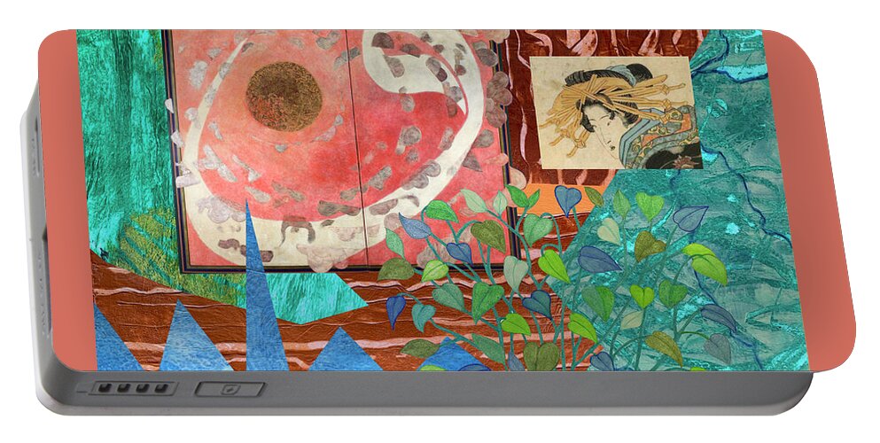 Asian Influence Portable Battery Charger featuring the mixed media Abstract Collage by Lorena Cassady