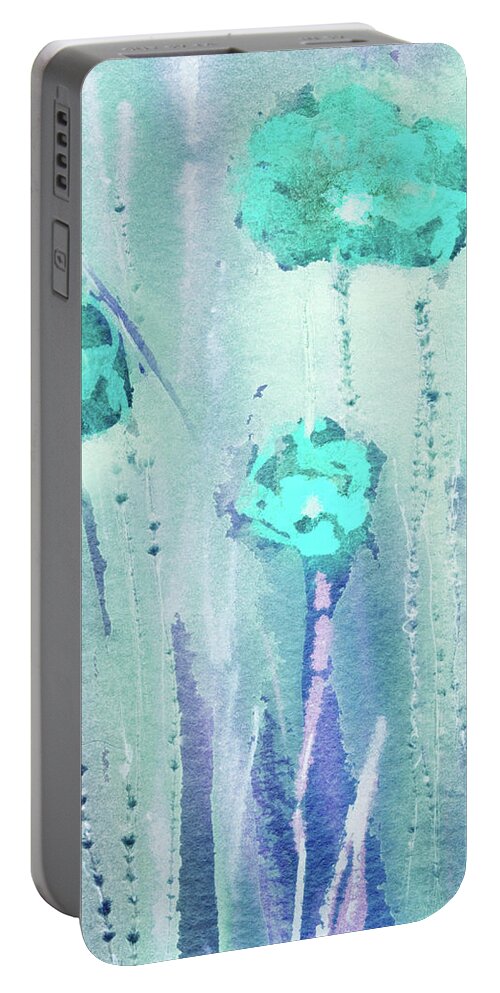 Abstract Flowers Portable Battery Charger featuring the painting Abstract Floral Watercolor Painting Teal Blue Field Of Flowers by Irina Sztukowski