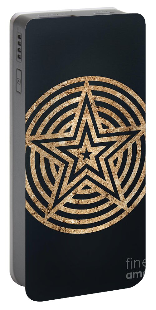 Glyph Portable Battery Charger featuring the mixed media Abstract Geometric Gold Glyph Art on Dark Teal Blue 073 Vertical by Holy Rock Design