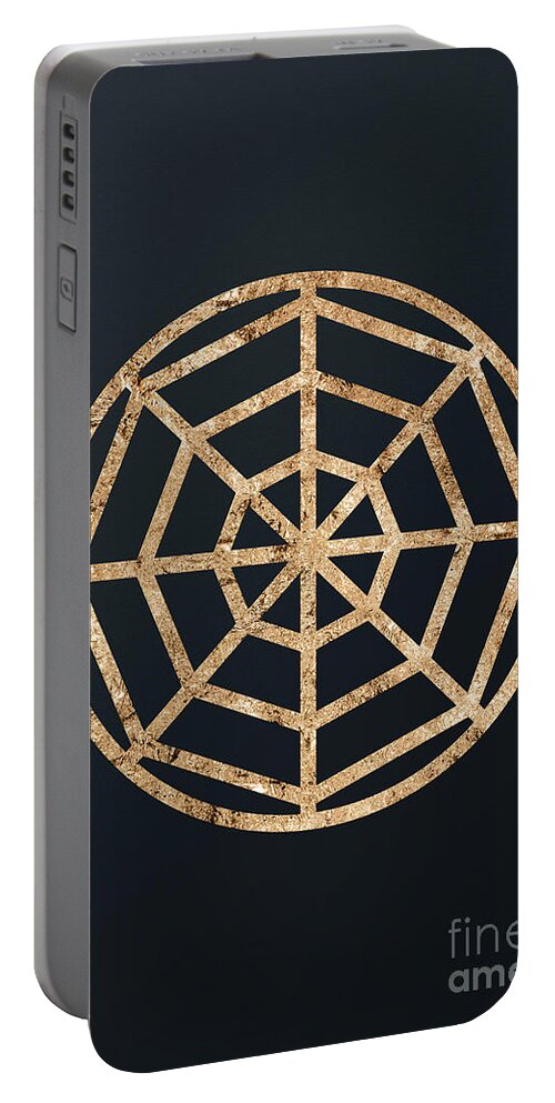 Glyph Portable Battery Charger featuring the mixed media Abstract Geometric Gold Glyph Art on Dark Teal Blue 101 Vertical by Holy Rock Design