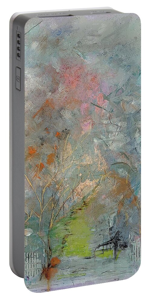 Landscape Portable Battery Charger featuring the painting Abstract Landscape with Fence by Lisa Kaiser