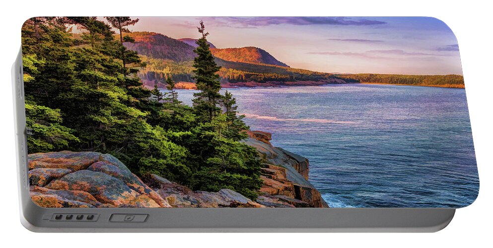 Acadia Portable Battery Charger featuring the painting Acadia National Park Sunset Shoreline by Christopher Arndt