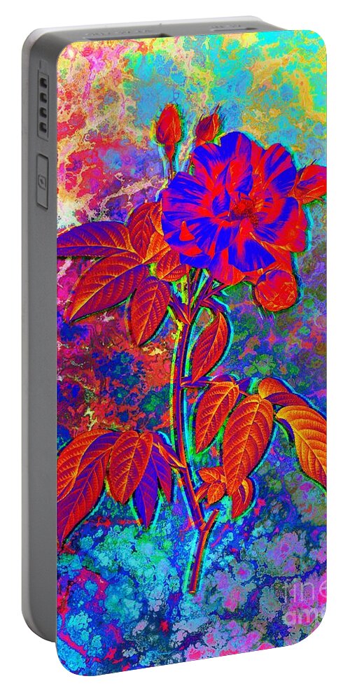 Neon Portable Battery Charger featuring the painting Acid Neon Variegated French Rose Botanical Art n.0297 by Holy Rock Design