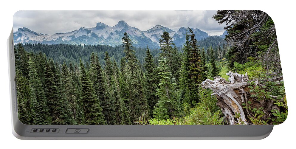 Tatoosh Range Portable Battery Charger featuring the photograph Across the Trees to the Tatoosh Range by Belinda Greb