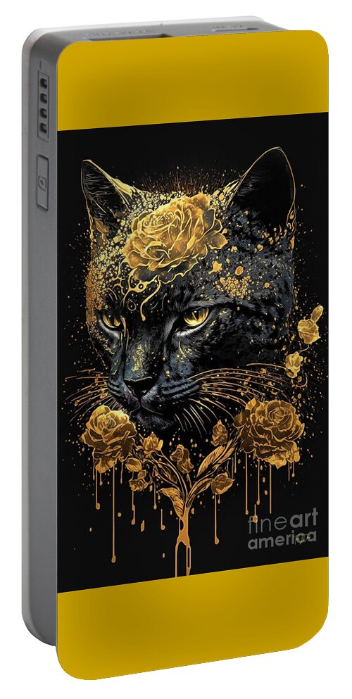 Black Cat Portable Battery Charger featuring the painting Adorned In Gold by Tina LeCour
