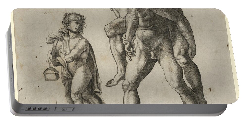 Giovanni Jacopo Caraglio Portable Battery Charger featuring the drawing Aeneas rescuing Anchises, a young boy carrying a lantern at left by Giovanni Jacopo Caraglio