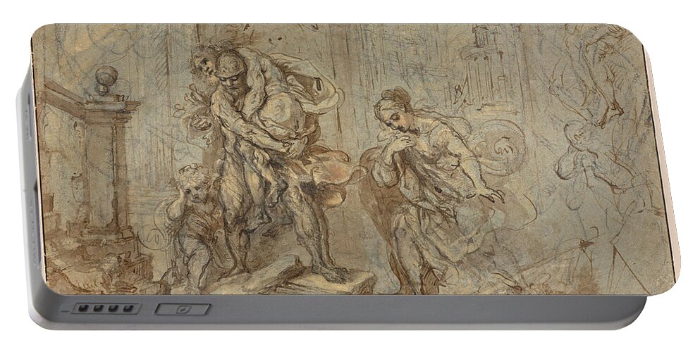 Federico Barocci Portable Battery Charger featuring the drawing Aeneas Saving Anchises at the Fall of Troy by Federico Barocci