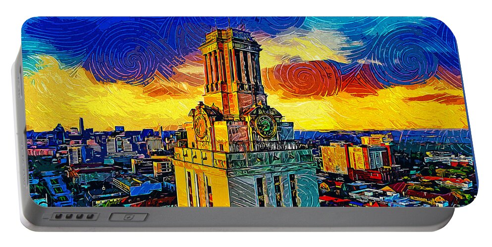 Main Building Portable Battery Charger featuring the digital art Aerial of the Main Building of the University of Texas at Austin - impressionist painting by Nicko Prints