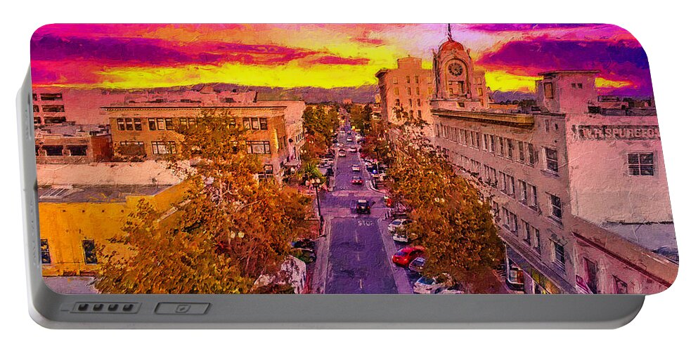 W 4th Street Portable Battery Charger featuring the digital art Aerial view of W 4th Street in downtown Santa Ana - digital painting by Nicko Prints