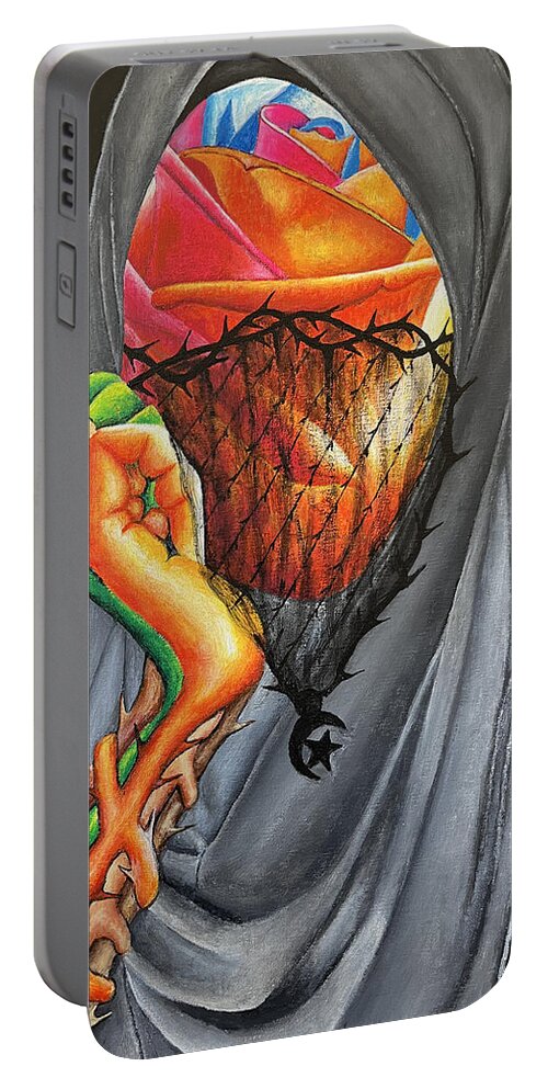 Afghanistan Portable Battery Charger featuring the painting Afghan Women with the Veils of Thorns by O Yemi Tubi